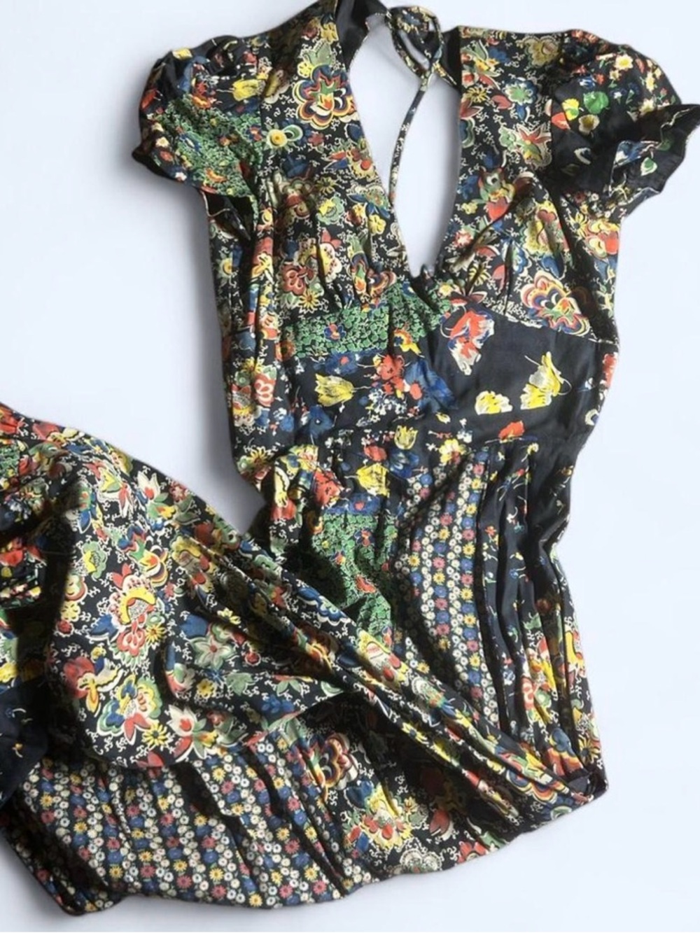 Vintage Floral Patchwork Maxi Dress in Black with Multicolor Print